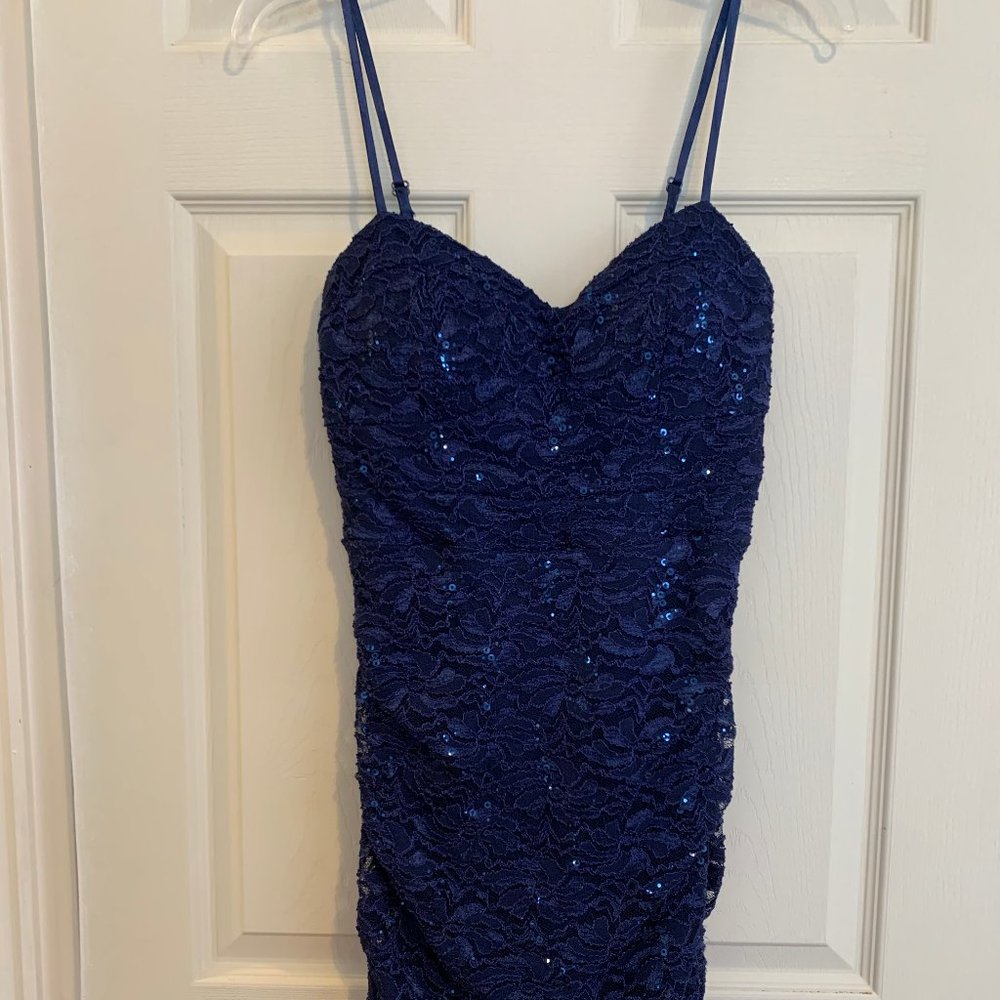 Navy sequin ruffle party dress